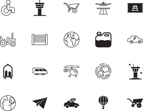 transport vector icon set such as: street, freight, tractor, balloon, start, hot, bottle, service, communication, chair, runway, loading, railroad, farmer, lifting, airship, sand, clean, plastic