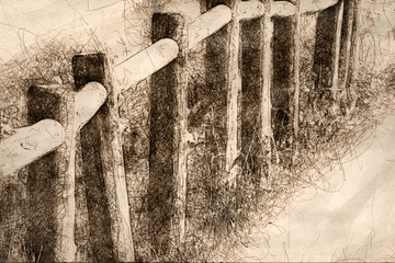 Sketch of Weathered Wooden Fence on a Spring Morning