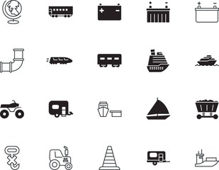 transport vector icon set such as: van, charger, pack, mine, locomotive, icons, camp, global, box, crane, round, packaging, farm, concept, agricultural, eco, engineering, globe, stop, striped