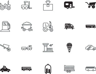 transport vector icon set such as: logistics, camper, pipe, friendly, gardening, lifting, treasure, fossil, air, tower, van, parcel, infrastructure, filling, ecological, airplane, tag, fun