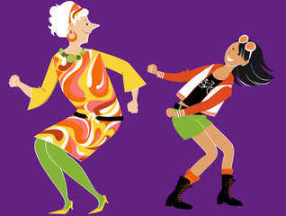 Elderly woman in 1960s outfit dancing the twist with her teenage granddaughter, EPS 8 vector illustration