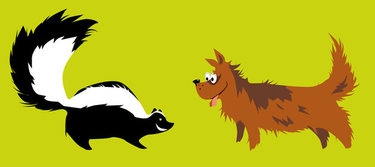 Fearless dog meeting a skunk, EPS 8 vector illustration 