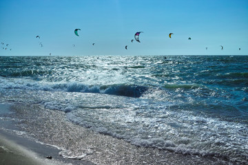 Water sport event, kite surfers race in North Sea near Renesse, Zeeland, Netherlands