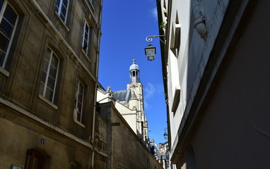 Saint Etienne du Mont Church from Rue Saint Etienne du Mont with blue sky. Paris, France.