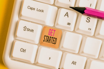 Conceptual hand writing showing Get Started. Concept meaning asking someone to begin task endeavour...