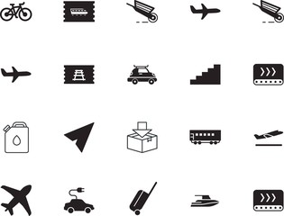 transport vector icon set such as: airport, eco, stairs, airline, yacht, aviation, open, canister, gallon, cruise, walk, petrol, bicycle, mobile, oil, track, electricity, wing, carriage, liquid