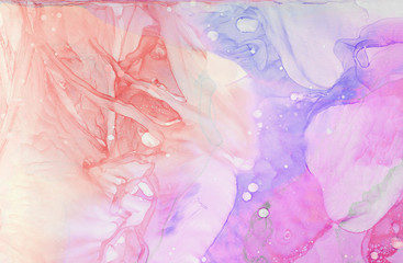 Ethereal fantasy light blue, pink and purple alcohol ink abstract background. Bright liquid watercolor paint splash texture effect illustration for card design, banners, modern graphic design