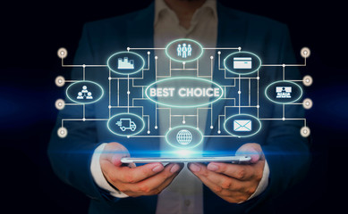 Writing note showing Best Choice. Business concept for act of picking or deciding between two or more possibilities Male wear formal suit presenting presentation smart device