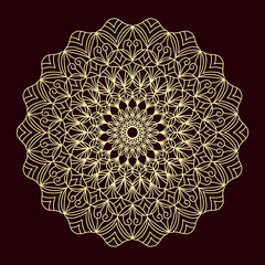 Ornamental abstract ethnic mandala element. Vector illustration. Gold on dark red