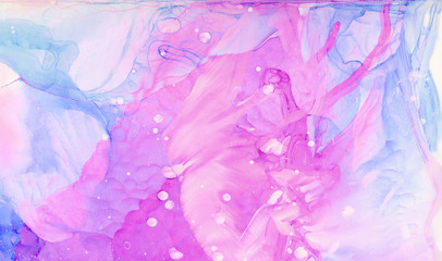 Fototapeta na wymiar Ethereal fantasy light blue, pink and purple alcohol ink abstract background. Bright liquid watercolor paint splash texture effect illustration for card design, banners, modern graphic design