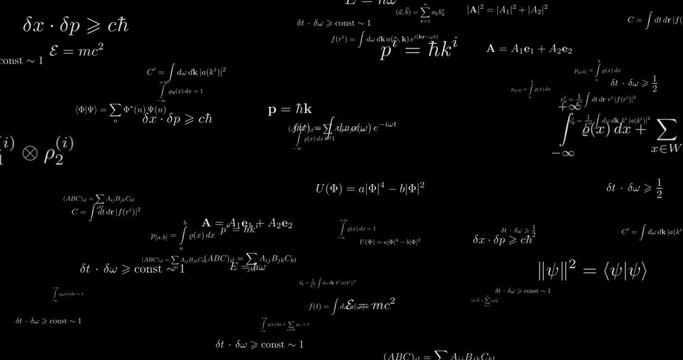Sophisticated mathematical formula seamless footage. Algebra calculations on blackboard. Physics and geometry theories. Scientific research and discovery. Maths equations floating looped animation