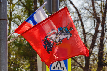 Flag of Russian Federation and flag of Moscow city waving on the wind against trees in sunlight
