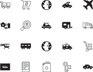 transport vector icon set such as: search, automotive, parking, logistic, crate, metal, summer, urban, style, mobile, caution, aircraft, top, rail, friendly, plane, image, baggage, railroad, digital