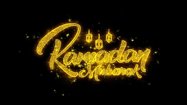 Ramadan Mubarak wish Text Sparks Glitter Particles on Black Background. Greeting card, Wishes, Celebration, Party, Invitation, Gift, Event, Message, Holiday, Festival 4K Loop Animation.