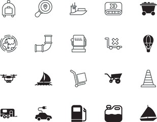 transport vector icon set such as: process, quadcopter, mine, conveyor, trucking, balloon, hot, cone, anti, working, resource, traffic, uav, ecological, danger, trailer, rig, connection, goods