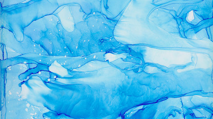 Light sky blue alcohol ink abstract background. Flow liquid watercolor paint splash texture effect illustration for card design, banners, ethereal graphic design