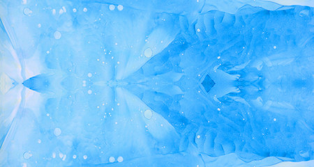 Light sky blue alcohol ink abstract background. Flow liquid watercolor paint splash texture effect illustration for card design, banners, ethereal graphic design