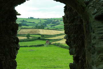 Shed in a field through ruined window