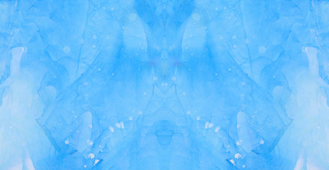 Light sky blue alcohol ink abstract background. Flow liquid watercolor paint splash texture effect illustration for card design, banners, ethereal graphic design