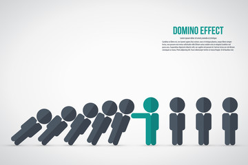 Domino effect. Stick figure stopping the domino effect