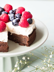 Cake made from chocolate and chestnut puree with fresh fruits on the top.