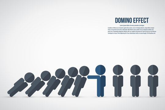 Domino effect. Stick figure stopping the domino effect