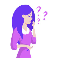 Thinking woman in dress with question marks. Flat cartoon modern style vector illustration, web design.