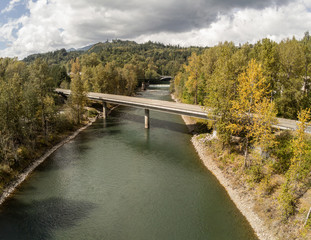 Amazing aerial photography of the majestic Skagit River Confluence in the Northern Cascades of the state of Washington.