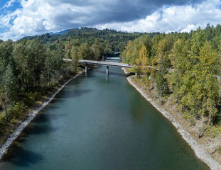 Amazing aerial photography of the majestic Skagit River Confluence in the Northern Cascades of the state of Washington.