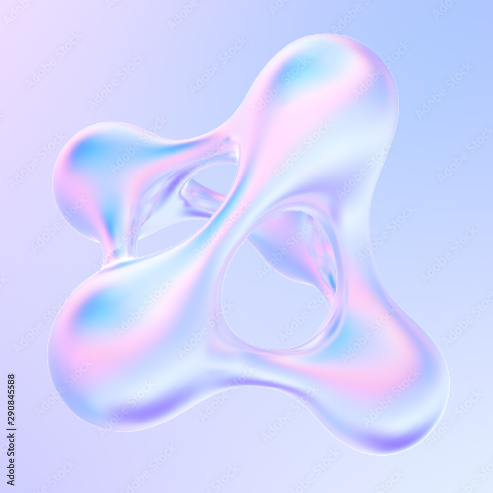Aufkleber Splash of holographic liquid metal. Abstract 3d pearlescent gradient drop fluid shape. 3d rendering.