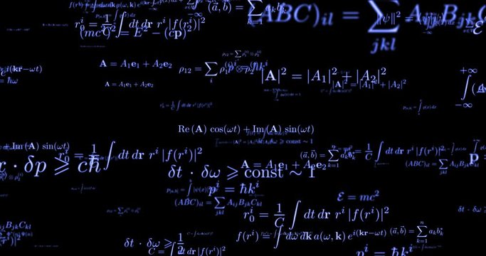 Mathematical neon formula seamless footage. Algebra calculations on blackboard. Physics and geometry blue light shiny theories movement. Maths glowing equations floating looped animation