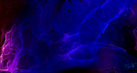 Ethereal bright dark blue alcohol ink neon abstract background. Modern deep glowing flow liquid watercolor paint splash texture effect illustration for card design, creative banners, graphic design.
