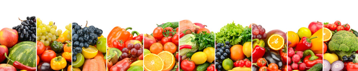 Fototapeta na wymiar Useful fruits, vegetables and sweet berries isolated on white background.