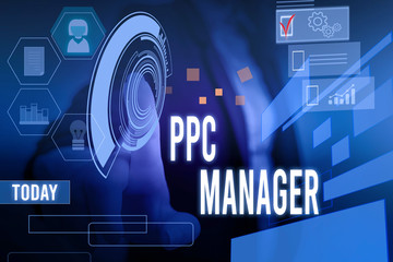 Conceptual hand writing showing Ppc Manager. Concept meaning which advertisers pay fee each time one of their ads is clicked Woman wear work suit presenting presentation smart device - obrazy, fototapety, plakaty