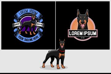 doberman dog animal cartoon character vector logo template - obrazy, fototapety, plakaty