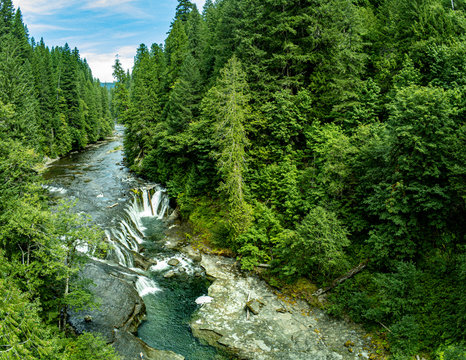 Wonderful aerial pictures of Middle Lewis River Falls on the rugged Lewis River in Skamania County and the Gifford Pinchot National Forest in Washington State.