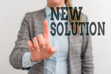 Word writing text New Solution. Business photo showcasing Modern Innovation Latest effective approach to a problem Digital business concept with business woman