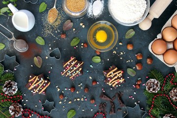 Christmas/New Year food background. Baking ingredient with sweet cake. Top view with copy space. Cooking concept.