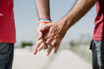 The touch of the hand shows the love, trust and confidence. Rainbow flag is a symbol of lesbian, gay, bisexual, and transgender hands touching each other to show their love.LGTB,LGBT