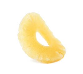 Slice of delicious sweet canned pineapple on white background