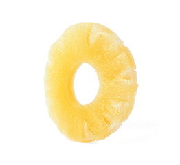 Slice of delicious sweet canned pineapple on white background