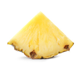 Slice of tasty juicy pineapple on white background