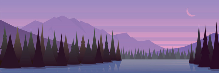 Dusk Forest and Lake Beautiful Landscape Banner Style