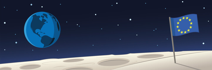 Obraz na płótnie Canvas Moon Landscape With European Union Flag and Earth Scene