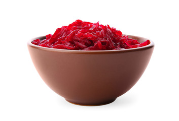 Bowl of grated red beet on white background