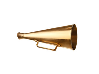 Retro golden metal megaphone on white background