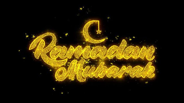 Ramadan Mubarak wish Text Sparks Glitter Particles on Black Background. Greeting card, Wishes, Celebration, Party, Invitation, Gift, Event, Message, Holiday, Festival 4K Loop Animation.