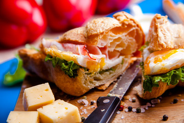 Fresh Croissant Sandwich with Ham, Cheese, Thyme and figs Breakfast Delicious Baking Refreshment
