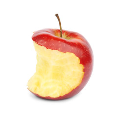 Half eaten red apple on white background