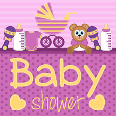 Baby shower card. Baby singlet, carriage, bottle milk and toys - Vector